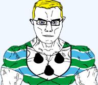 arm aryan blue_eyes british buff closed_mouth clothes ear england eyes_like_the_o-o-cean flag flag:worcestershire food fruit glasses hair pear soyjak subvariant:chudjak_front subvariant:muscular_chud tshirt united_kingdom variant:chudjak vein worcestershire yellow_hair // 1059x929 // 114.9KB