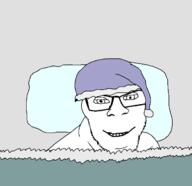 bed blanket closed_mouth clothes eyelids glasses hat mustache nightcap open_mouth smile soyjak stubble variant:feraljak // 1900x1837 // 31.3KB