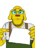 balding closed_mouth glasses hand holding_object janny sign soyjak stubble subvariant:nuplier template variant:markiplier_soyjak yellow_skin // 676x913 // 14.1KB