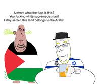 2soyjaks arab big_nose blond bloodshot_eyes blue_eyes clothes flag hat islam israel judaism map palestine smelling subvariant:blobson subvariant:hornyson subvariant:nucob table variant:cobson // 1934x1672 // 195.4KB