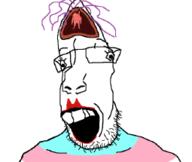 brain flag flag:transgender_pride_flag full_body glasses hanging lips lipstick no_face objectsoy open_mouth purple_hair rope small_brain soyjak stubble teeth tranny transgender_flag variant:bernd variant:parrotjak // 255x215 // 16.1KB