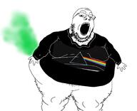 album_cover arm clothes cross_eyed fart fat glasses hairy hand leg music open_mouth pink_floyd prog_rock rainbow soyjak stinky stubble the_dark_side_of_the_moon tshirt variant:gapejak // 1746x1415 // 726.3KB
