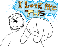 glasses hair i_look_like_this open_mouth pointing soyjak text variant:scabrjak // 1393x1158 // 105.8KB