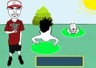 3soyjaks ash_ketchum background cap clothes fakemon full_body glasses grass hair hat pokemon subvariant:chudjak_front sun text tree variant:chudjak variant:cobson variant:markiplier_soyjak // 1788x1278 // 166.4KB