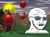 3d blue_eyes drawn_background glasses low_poly mountain scared soyjak sphere stubble subvariant:soyak_(concerned) sun trippy variant:soyak vintage_cgi water // 740x555 // 879.4KB