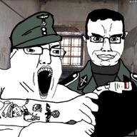 3soyjaks blood closed_mouth ear glasses hair military_cap nazism open_mouth smile soyjak subvariant:chudjak_front tattoo variant:chudjak world_war_2 // 640x640 // 97.1KB