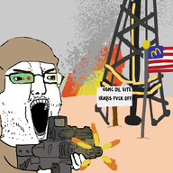 angry animated country desert firearm firing flag glasses gun helmet holding_gun holding_object holding_rifle iraq mcdonalds oil open_mouth outdoors outside reticle rifle shooting soldier soyjak technology text united_states variant:chudjak weapon // 1050x862 // 245.1KB