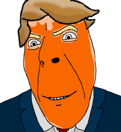 blond blond_eyebrows clothes donald_trump hair looking_to_the_left no_glasses no_stubble orange_skin smile soyjak spray_tan suit suit_and_tie variant:cobson white_background white_skin // 721x789 // 63.8KB