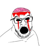 black_sclera blood blood_drip blood_from_eyes blood_from_forehead blood_on_face brain exposed_brain glasses hair halloween no_pupils no_teeth open_mouth scary soyjak stubble variant:feraljak white_background // 1500x1500 // 78.8KB