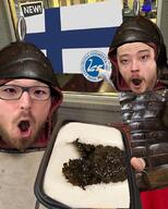 2soyjaks armor country finland finnish_text flag food glasses irl open_mouth pointing soy_parody stubble variant:two_pointing_soyjaks // 680x847 // 87.8KB
