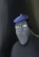 artist:cannedpocket background beret closed_mouth clothes glasses hair hat looking_to_the_right mustache round_glasses shading soyjak stubble subvariant:threefourthsplier turtleneck variant:markiplier_soyjak // 762x1106 // 549.6KB