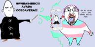 3soyjaks arm blood closed_mouth ear eyelashes full_body hair holding_object leg magic mustache nazism neovagina open_mouth phone pink_hair purple_hair queen_of_spades robe shoe soyjak spade stubble swastika tongue tranny upside_down variant:bernd variant:cobson wand wizard yellow_teeth // 1414x706 // 157.7KB