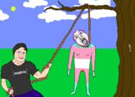 blood bloodshot_eyes buff closed_mouth clothes crying drawn_background glasses hair hanging holding_object holding_rope lynching matrix matthew mustache neovagina open_mouth purple_hair soyjak stubble tongue tree variant:bernd white_skin yellow_teeth // 2100x1500 // 508.1KB