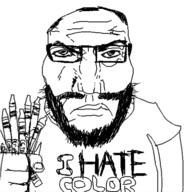 arm beard black_and_white closed_mouth crayon fist glasses gray grey_skin holding_object i_hate monochrome oekaki punisher_face redraw subvariant:science_lover trend:colorjak variant:markiplier_soyjak // 500x499 // 94.7KB
