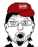 beard british_broadcasting_corporation cap clothes ear glasses hair hat open_mouth soyjak stubble subvariant:sneedjak text variant:two_pointing_soyjaks // 720x884 // 122.8KB