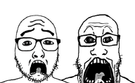 2soyjaks bald facial_hair glasses headline open_mouth stubble subvariant:doctos tongue tongue_out variant:markiplier_soyjak variant:uncjak white_background // 708x436 // 94.8KB