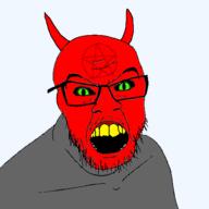 angry demon glasses green_eyes horn monster mustache open_mouth pentagram red_skin satanism soyjak star stubble variant:feraljak yellow_teeth // 1500x1500 // 233.3KB
