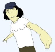 arm asian closed_mouth clothes hair hand hat protokleki soyjak subvariant:female_cobson teeth transparent_background variant:cobson white_shirt yellow_skin // 923x870 // 74.7KB