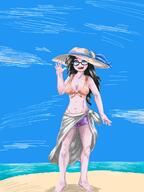 artist:sleep_chvd award beach brimmiest_comments_section☣️☣️☣️_do_not_enter☣️☣️☣️ clothes coomer_artstyle drawing full_body glasses hat summer_hat variant:soytan waving // 750x1000 // 479.3KB