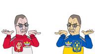 2soyjaks adidas bloodshot_eyes clothes crying flag flag:poland flag:ukraine full_body glasses hair holodomor lgbt logo pointing poland rainbow track_suit ukraine variant:chudjak variant:cryboy_soyjak vein wojak // 1632x929 // 418.1KB