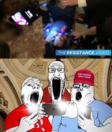 3soyjaks arm blood camera cap capitol_hill clothes donald_trump glasses hand hat holding_object irl_background maga open_mouth phone politics qanon soyjak stretched_mouth stubble trend:soyjak_trio tshirt variant:gapejak variant:markiplier_soyjak variant:tony_soprano_soyjak // 1177x1385 // 1.6MB