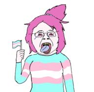 anhero arm clothes crying glasses hand holding_flag holding_object looking_up open_mouth pink_hair red_eyes subvariant:soylita tranny transgender_flag variant:bernd variant:gapejak // 1436x1408 // 673.4KB