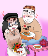 2soyjaks artist:huwabag black_hair blush breasts closed_mouth clothes cookies dark_hair eyebrows flowers forehead_lines gift glasses hat heart kiss long_hair meta:not_oc necklace nose open_mouth pink_background smile stubble sweater teeth text tongue variant:cobson variant:soytan woman // 2300x2700 // 2.4MB