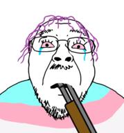 animated blood bloodshot_eyes brain crying flag frown glasses gore gun hair mustache open_mouth purple_hair shotgun soyjak stubble tongue tranny variant:bernd yellow_teeth // 559x601 // 116.2KB