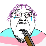 animated blood bloodshot_eyes brain crying flag frown glasses gore gun hair mustache open_mouth purple_hair shotgun soyjak stubble tongue tranny variant:bernd yellow_teeth // 559x601 // 116.2KB