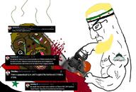 alawite aryan beard beheading blood blood_from_neck blood_on_face blood_spray bloodshot_eyes brown_eyes brown_skin chainsaw chud closed_mouth decapitation execution facial_mark flag:russia flag:syria headband holding_chainsaw holding_object islam murder mustache open_mouth rotten_teeth soyjak spade stubble syria text twitter variant:bernd yellow_hair yellow_sclera // 1238x836 // 141.7KB