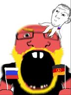 2soyjaks angry balding beard closed_mouth clothes ear east_germany flag flag:east_germany flag:russia germany glasses hair holding_flag holding_object motion_blur octopus open_mouth red_skin russia smile soyjak stubble subvariant:science_lover tshirt variant:kuzjak variant:markiplier_soyjak yellow_hair // 606x807 // 372.1KB