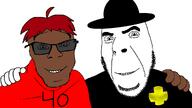 2soyjaks beard black_shirt brown_skin clothes dfg discord doomentio doomverse flag friendship glasses guara hat jerry lolcow maldawa red_hair red_shirt skyoe smug soyjak sunglasses variant:cobson variant:feraljak versalles white_skin // 2672x1500 // 214.0KB