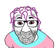 beard bloodshot_eyes closed_mouth clothes glasses looking_at_you meta:tagme purple_hair smile soyjak tranny transgender_flag tshirt variant:el_perro_rabioso // 406x355 // 18.7KB