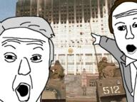 2soyjaks arm artillery boris_yeltsin brown_hair clothes grey_hair hair hand history mikhail_gorbachev open_mouth parliament pointing russia soviet_union soyjak suit variant:two_pointing_soyjaks // 360x270 // 169.3KB