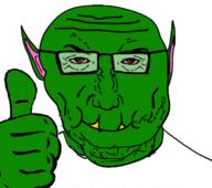 angry bloodshot_eyes closed_mouth clothes ear fangs glasses goblin green_skin hand ork punisher_face redraw smile soyjak stubble subvariant:science_lover thumbs_up tusk variant:markiplier_soyjak wrinkles // 449x397 // 83.6KB