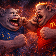 bald blue_shirt crown eternal_anglo europe facial_hair fat fighting fist flag:european_union logo mcdonalds meta:ai_generated open_mouth red_shirt space star stubble subvariant:impish_amerimutt variant:impish_soyak_ears // 1024x1024 // 1.7MB