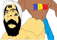 beard biting_lip brown_skin clothes country distorted flag frown hair hat judaism nsfw romania sex soyjak spade star star_of_david subvariant:hornyson tattoo variant:cobson yellow_skin // 1386x966 // 105.5KB