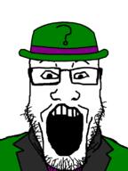 batman_(series) clothes glasses green_shirt hat open_mouth soyjak stubble suit the_riddler variant:markiplier_soyjak // 600x800 // 46.0KB