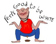 amerimutt arm barefoot brown_eyes brown_skin clothes ear facing_front fat foot full_body hand jeans lips looking_at_you mcdonalds mutt open_mouth poop red_shirt soyjak squatting stubble subvariant:impish_amerimutt subvariant:impish_front text variant:impish_soyak_ears // 1274x1000 // 126.4KB