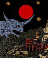 artist:termitesilva giant lizard moon mountain nuvariant planet red_eyes town traced variant:chudjak // 562x680 // 68.2KB