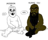 2soyjaks arab arm baby beard brown_eyes brown_skin deformed full_body glasses hair hairy hand islam leg mustache open_mouth smile soyjak speech_bubble stubble subvariant:jacobson subvariant:tetojak text variant:a24_slowburn_soyjak variant:feraljak yellow_teeth // 2300x1900 // 695.4KB