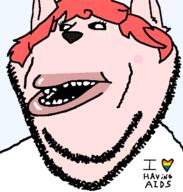 aids clothes faggot furry gay heart i_love lips mutt nara open_mouth red_hair soyjak stubble subvariant:impish_amerimutt text variant:impish_soyak_ears // 598x628 // 38.9KB