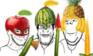 3soyjaks apple are_you_soying_what_im_soying axe banana clothes cucumber food foodjak frown fruit glasses grin hair hat looking_at_each_other pineapple smile smug soyjak strawberry stubble subvariant:wholesome_soyjak variant:gapejak variant:markiplier_soyjak variant:soyak watermelon weapon // 1033x622 // 673.2KB