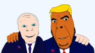 blond blue_eyes bowtie clothes democratic_party donald_trump donkey elephant hugging joe_biden no_more_brother_wars orange_skin pink_skin president republican_party smile stubble suit transparent_background variant:cobson variant:feraljak // 3072x1727 // 1.0MB