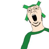4chan anime clothes glasses green_hair hair open_mouth soyjak stubble variant:mongoljak white_skin yotsoyba // 944x941 // 71.7KB