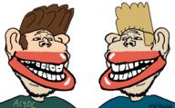 2soyjaks acdc beavis_and_butthead clothes grin hair half_open_mouth metallica smug soyjak stubble subvariant:impish_amerimutt trollface variant:impish_soyak_ears // 1332x826 // 40.2KB