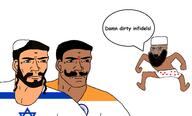 arab beard bindi chad clothes crying flag:india flag:israel full_body hat hindu india israel jews judaism kippah muslims mustache soyjak speech_bubble taqiyah underpants variant:soyak // 1588x960 // 80.0KB