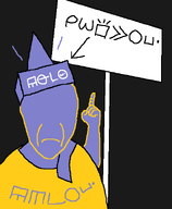 black_background blue_skin closed_mouth clothes frown hat incomprehensible looking_at_you pointing pointing_up sign text variant:abortion_lover // 492x597 // 14.0KB