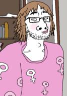 brown_hair closed_mouth clothes drawn_background glasses hair makeup soyjak stubble tranny variant:unknown // 418x603 // 20.4KB