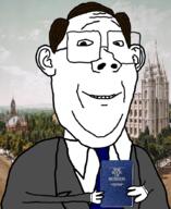angel arm bible book book_of_mormon brown_hair christianity clothes ear glasses hair hand holding_book holding_object irl_background king_james mormonism moroni necktie pastor salt_lake_city smile soyjak statue suit temple text utah variant:protestantjak // 726x888 // 643.0KB